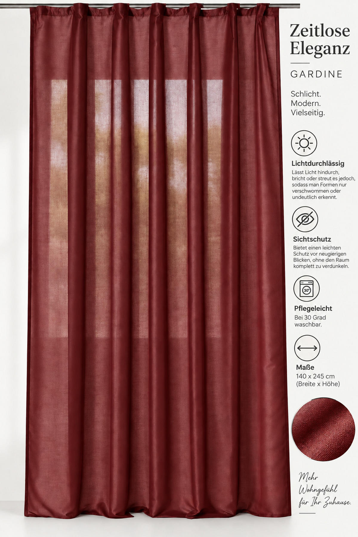 VORHANG Kräuselband 140/245 cm Bordeaux Wildseiden Optik - Bordeaux, Textil (140/245cm) - TiborTex