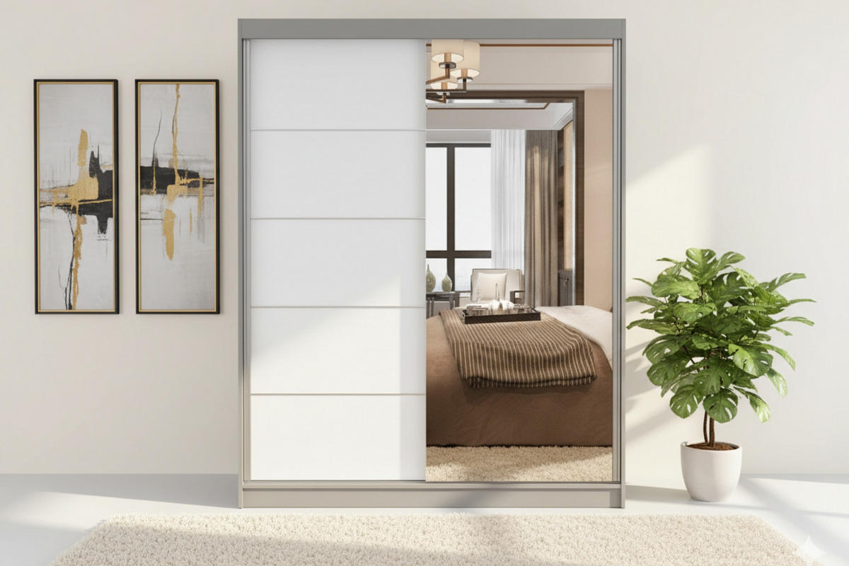 SCHWEBETÜRENSCHRANK VELMA 05 150/200 in Grau/Weiß mit Spiegel und LED - Weiß/Grau, Holzwerkstoff (150/61/200cm) - Deine Möbel 24