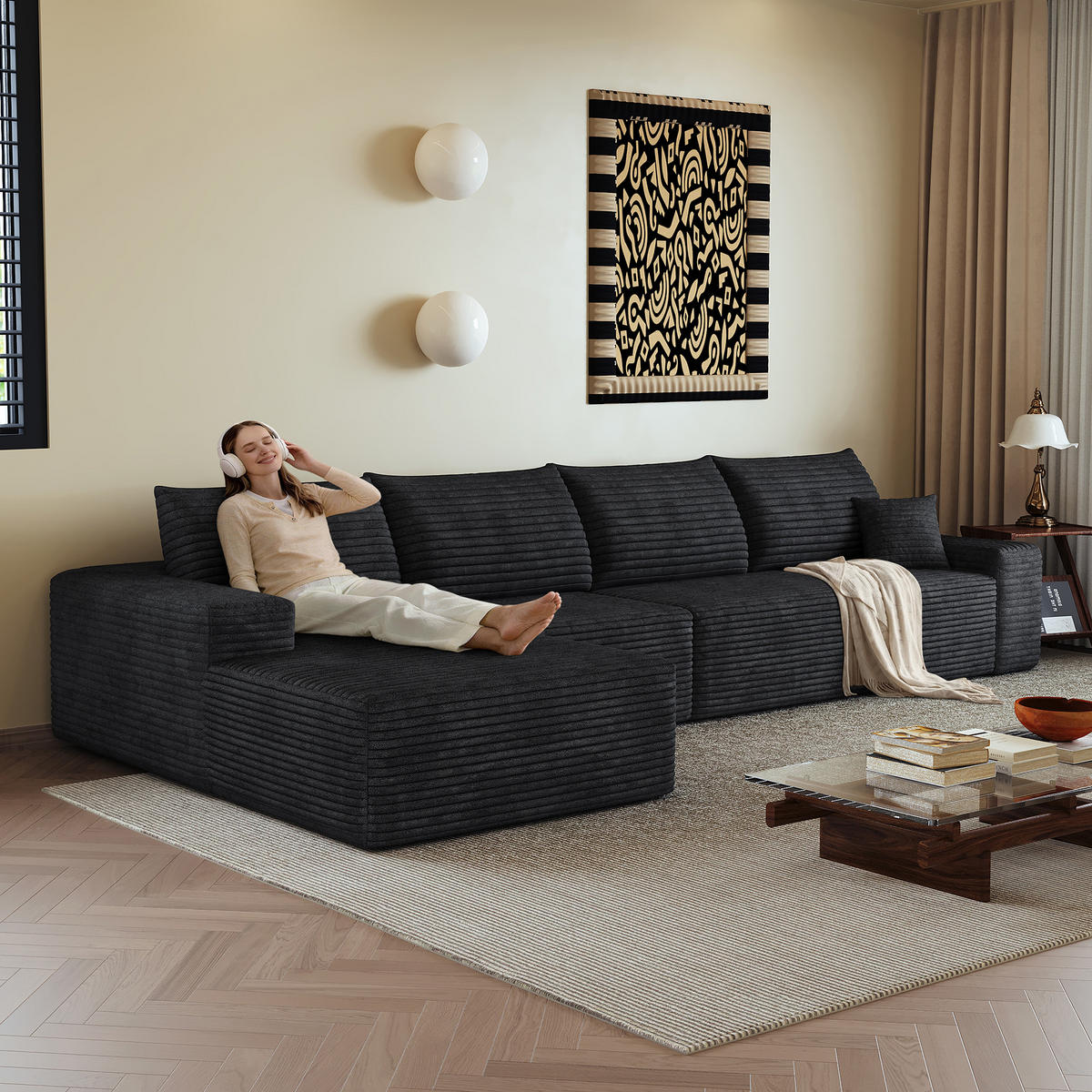 ECKSOFA 340/175/83 cm Schwarz mit L-förmiger Chaiselongue, Linke Seite - Schwarz, Textil (340/175cm) - Oxeza