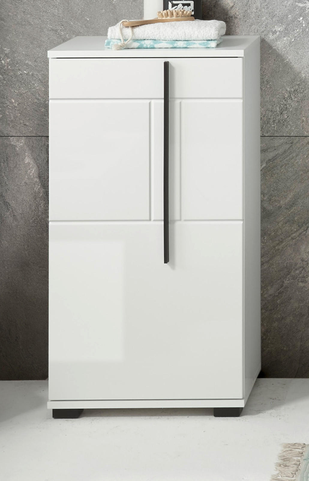 BAD-KOMMODE weiß Hochglanz, Badschrank Unterschrank, 45 x 87 cm - Weiß Hochglanz/Schwarz, Holzwerkstoff/Kunststoff (45/88/35cm) - Furn.Design
