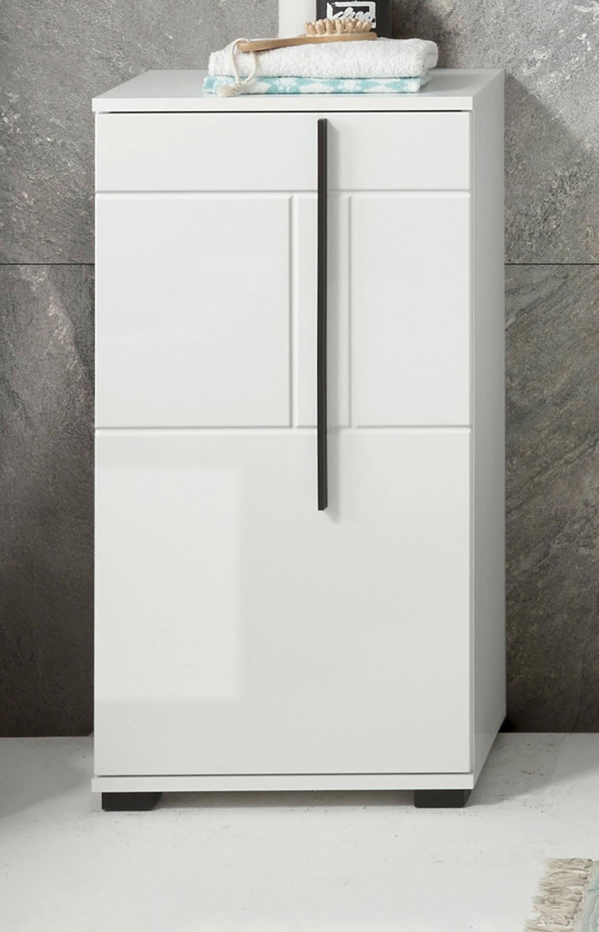 BAD-KOMMODE weiß Hochglanz, Badschrank Unterschrank, 45 x 87 cm - Weiß Hochglanz/Schwarz, Holzwerkstoff/Kunststoff (45/88/35cm) - Furn.Design