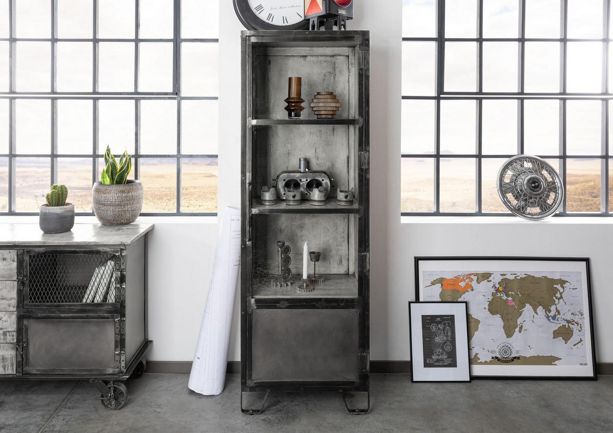 VITRINE Mango 60x40x180 grau lackiert HEAVY INDUSTRY #140 - Grau, Holz (60/180/40cm) - Massivmoebel24