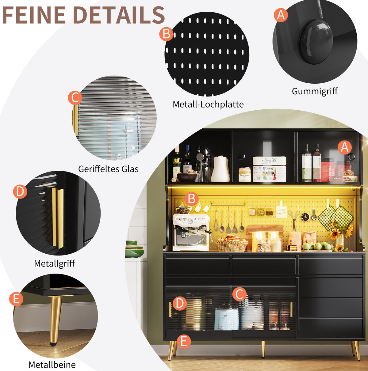 BUFFETSCHRANK 145/39/171 cm mit LED-Beleuchtung, App-Steuerung, Schiebetüren und geriffelter Glasfront, Schwarz - Schwarz, Holzwerkstoff (145/171/39cm) - Redom