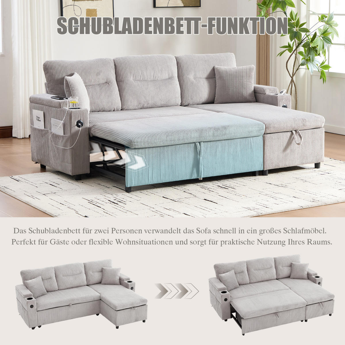 ECKSCHLAFSOFA 3-Sitzer Cord mit Schubladenbett und USB-Anschluss Hellgrau 212,5/136/86 cm - Hellgrau, Textil (136/212.5cm) - Redom