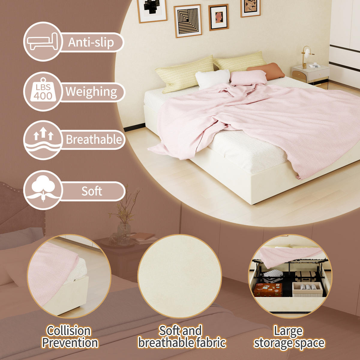 STAURAUMBETT 160/200 cm DE-35414 mit Gaslift Beige - Beige, Metall (160/200cm) - ComfortXL