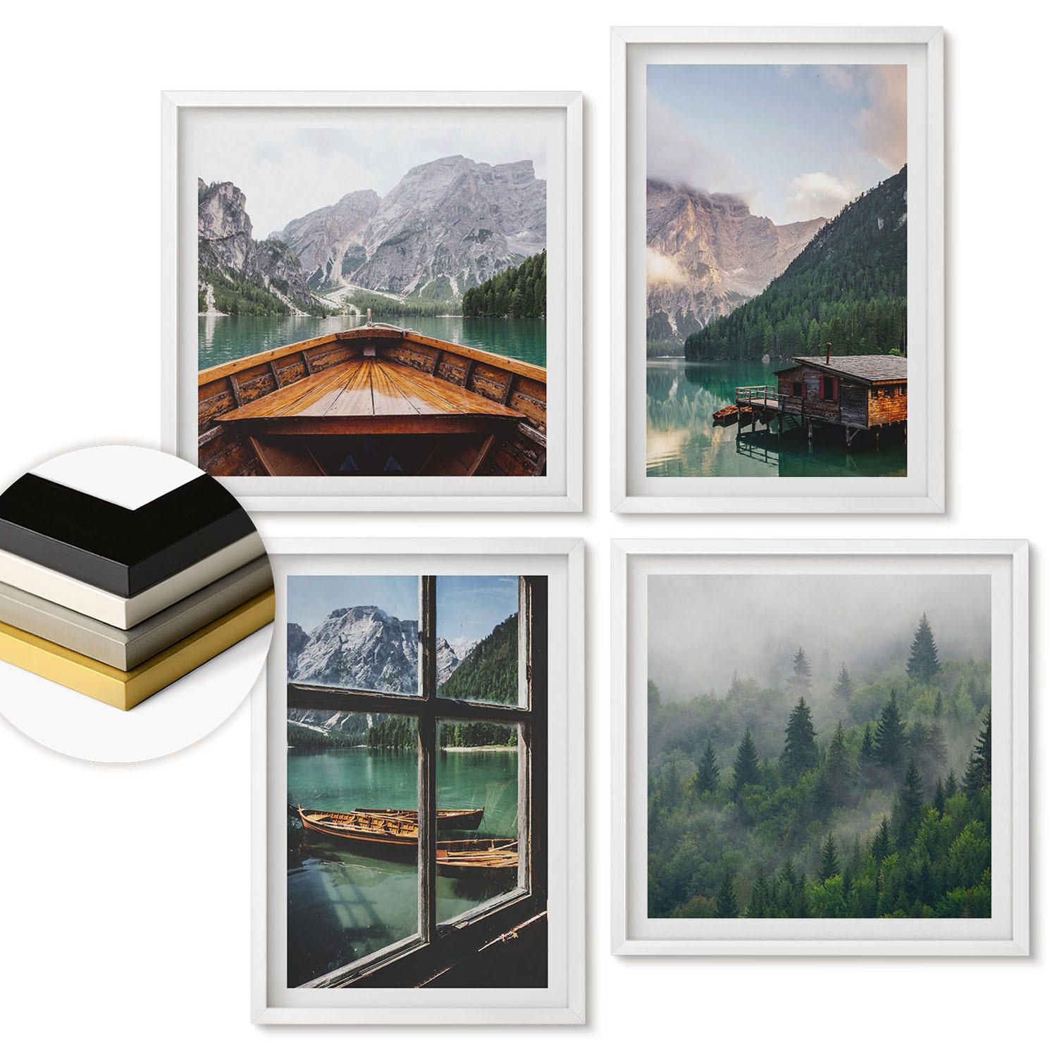 WANDBILDER 4er-Set - 50x50 cm & 40x60 cm Weißer Rahmen - Hütten am Bergsee Łódź - Weiß, Kunststoff (50/50cm) - ArtPrintCave