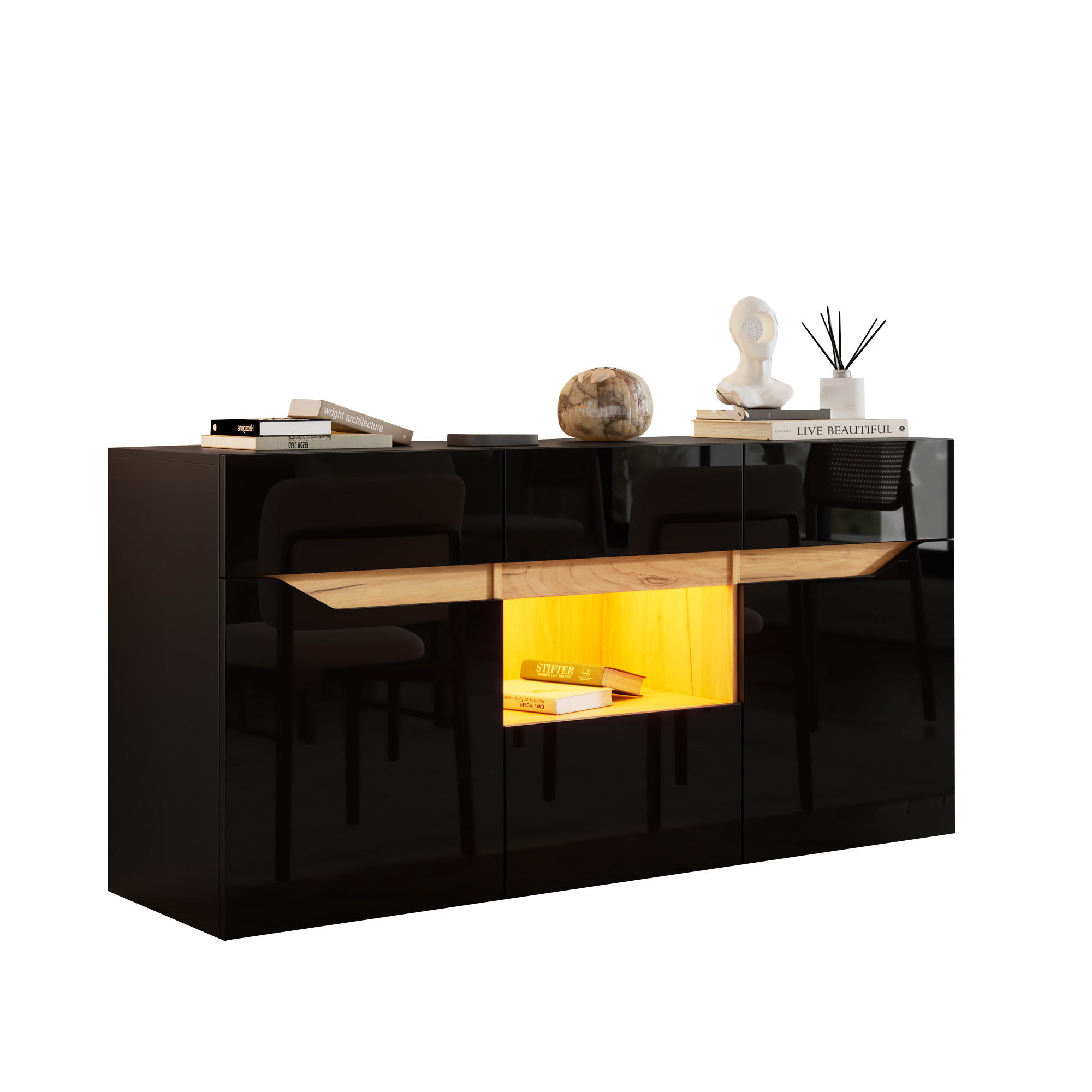 SIDEBOARD DE-37774 mit 4 Schubladen und LED-Beleuchtung Schwarz - Schwarz, Holzwerkstoff (140/70/40cm) - ComfortXL