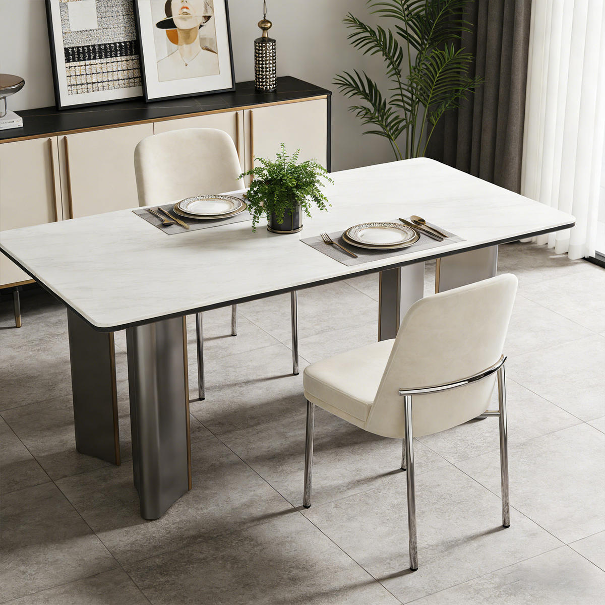 ESSZIMMERSTÜHLE 2er-Set aus Samt, Beige, dicke Polsterung und silberfarbene Metallbeine – Moderner Stil - Beige/Silberfarben, Textil/Metall (48/82/48cm) - Meubles Cosy