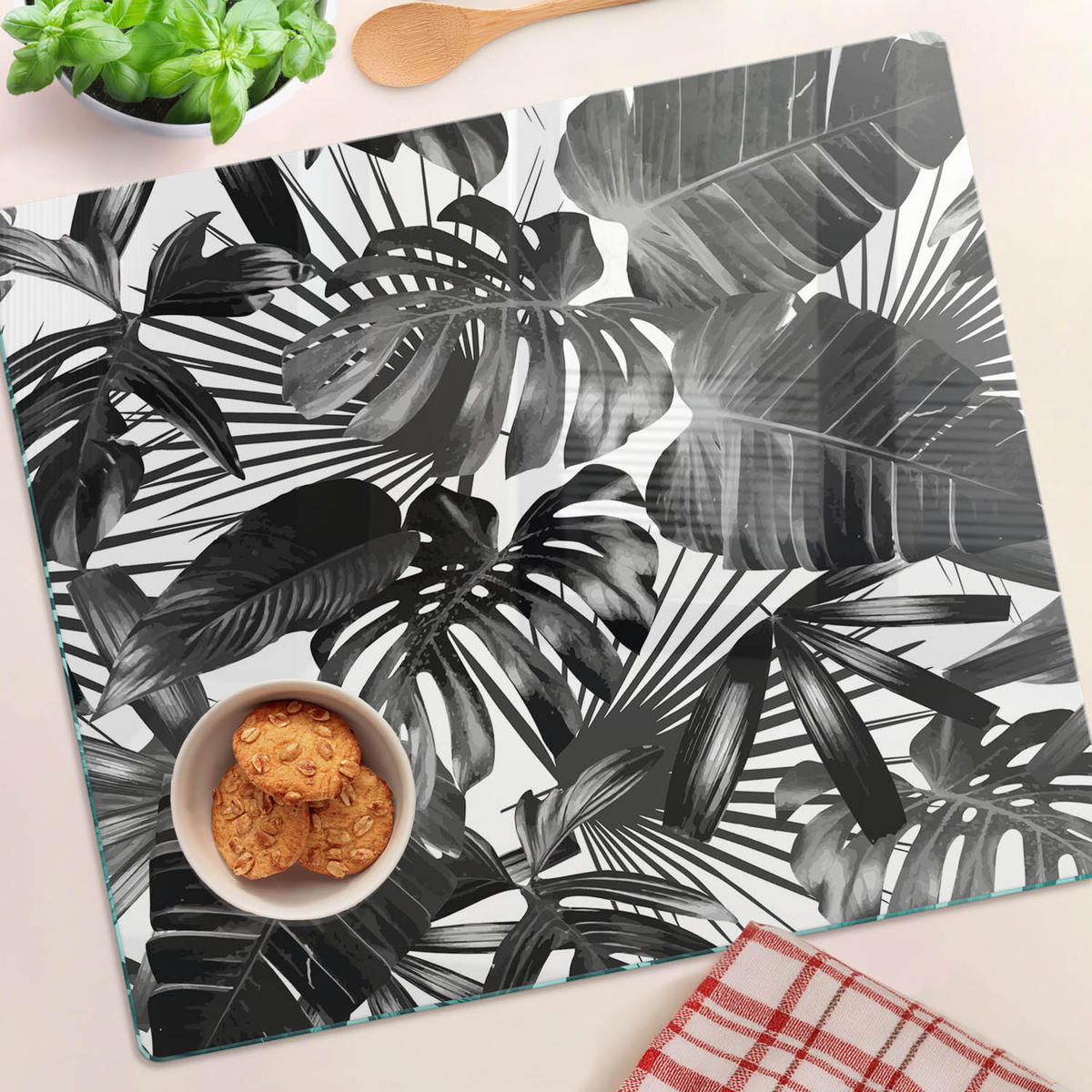 GLASPLATTE 60x52 cm Tropische Blätter - Schwarz, Glas (60/0.4/52cm) - TULUP
