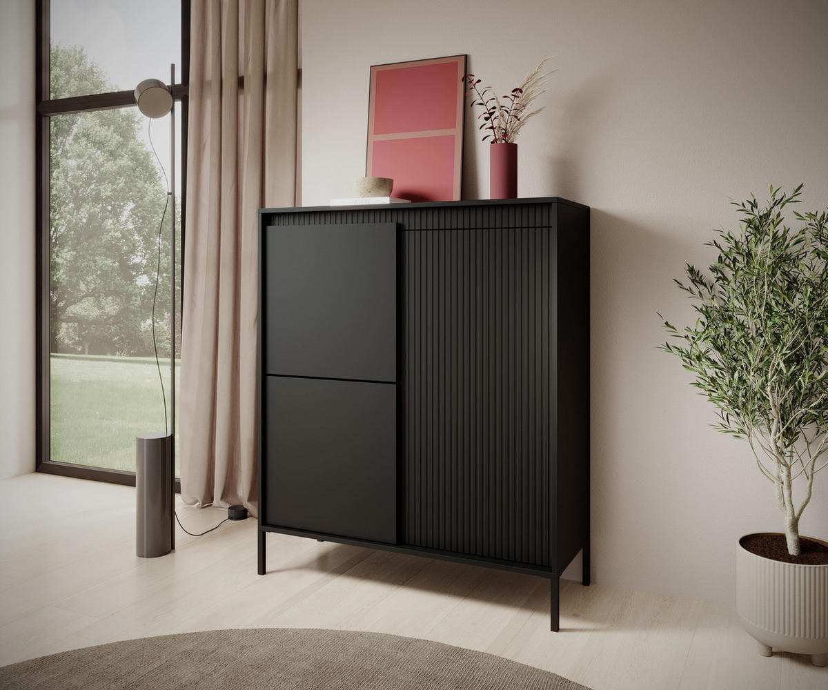 HIGHBOARD Ferrato A 104 cm Schwarz - mit 3 Türen und Riffel-Optik - Schwarz, Holz/Holzwerkstoff (103/123/39cm) - Ravio