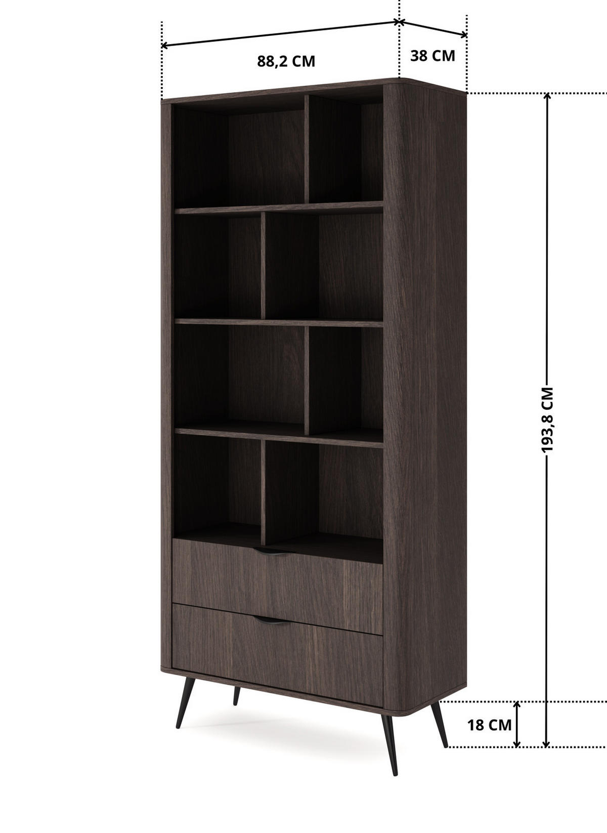 STANDREGAL Terzo 2S Eiche Dunin mit Schubladen - Schwarz Metallfüße - Eichefarben/Schwarz, Holz/Holzwerkstoff (88/194/38cm) - Ravio