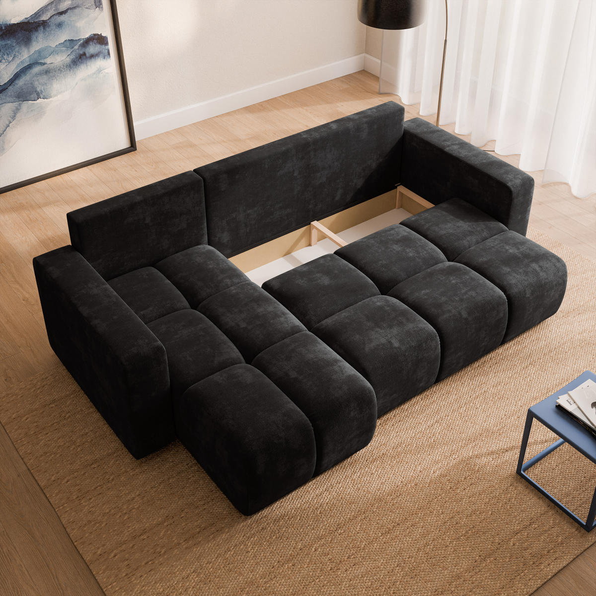 ECKSOFA RAMIL Schwarz Chenille mit Schlaffunktion - Schwarz, Holz (240/149cm) - MASSENO