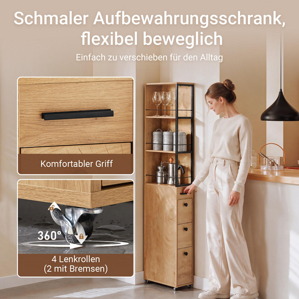NISCHENSCHRANK 20 cm schmal mit 4 Rollen, 40×20×170 cm, kleine Küchen Natur - Schwarz/Naturfarben, Holz/Metall (20/170/40cm) - SoBuy