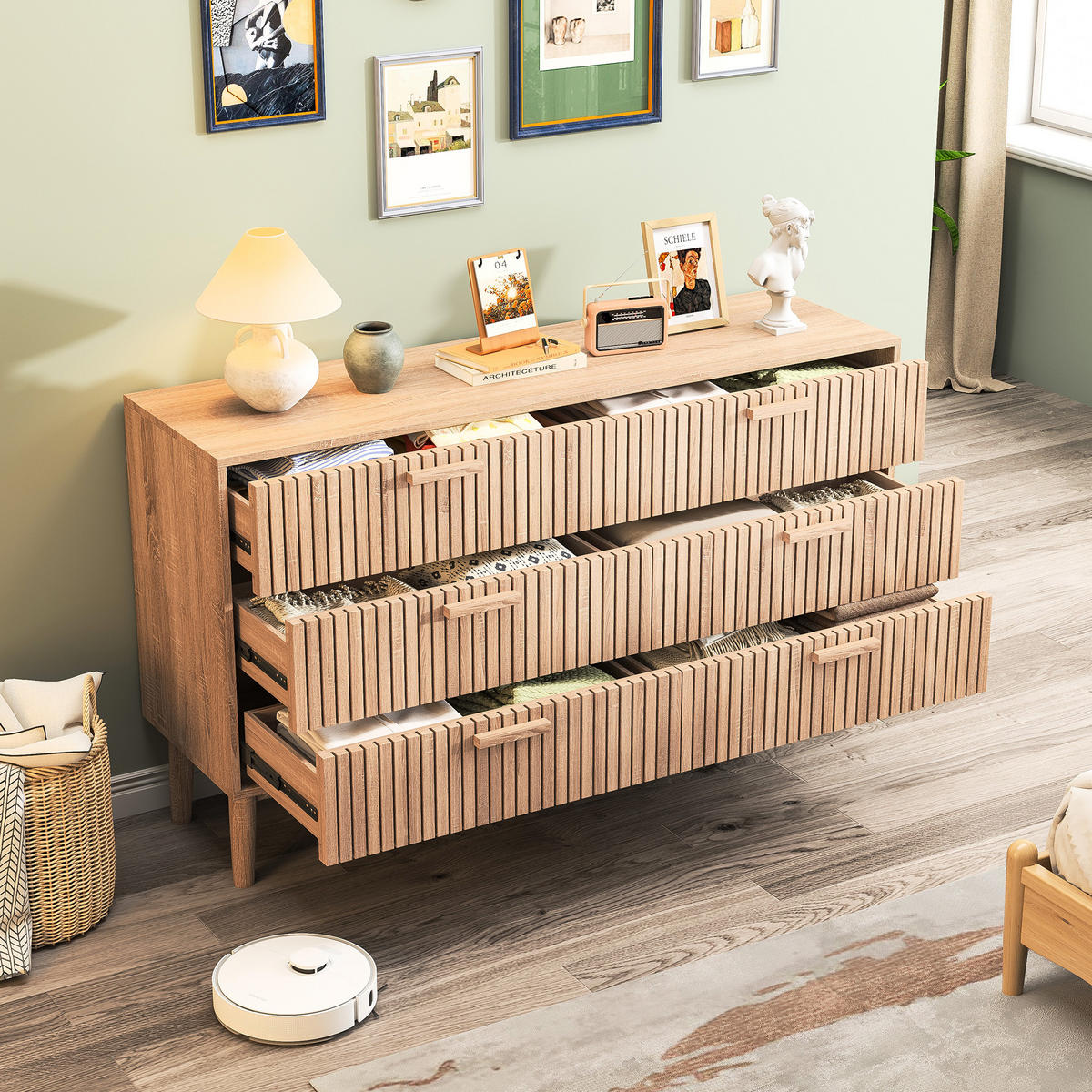KOMMODE 100x34x73 cm, 6 Schubladen, gerillte Front, Holzfarben - Kastanienfarben, Holz (100/73/34cm)
