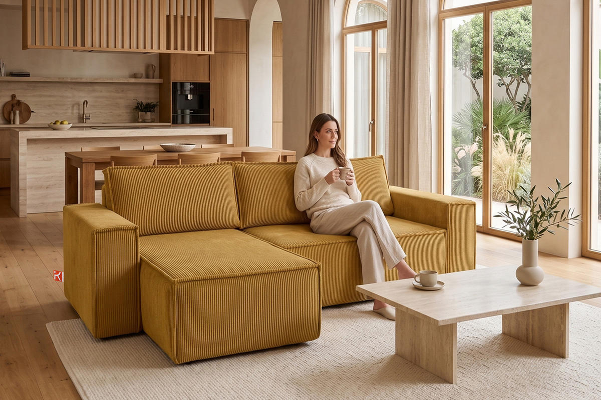 ECKSOFA-LINKS/RECHTS NAPI Schlaffunktion mit Cordbezug, Gelb - Gelb/Schwarz, Textil (262/148cm) - KONSIMO®