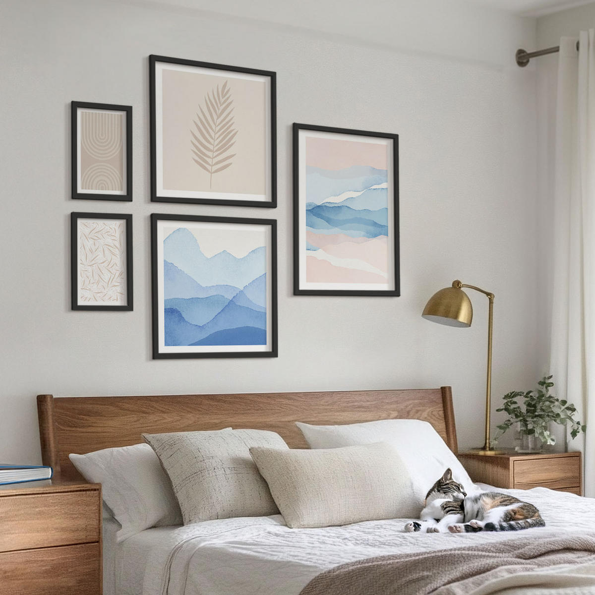 WANDBILDER 5er-Set - 50x50 cm & 20x30 cm & 40x60 cm Schwarzer Rahmen - Blätterwellen beige blau - Schwarz, Kunststoff (40/60cm) - ArtPrintCave