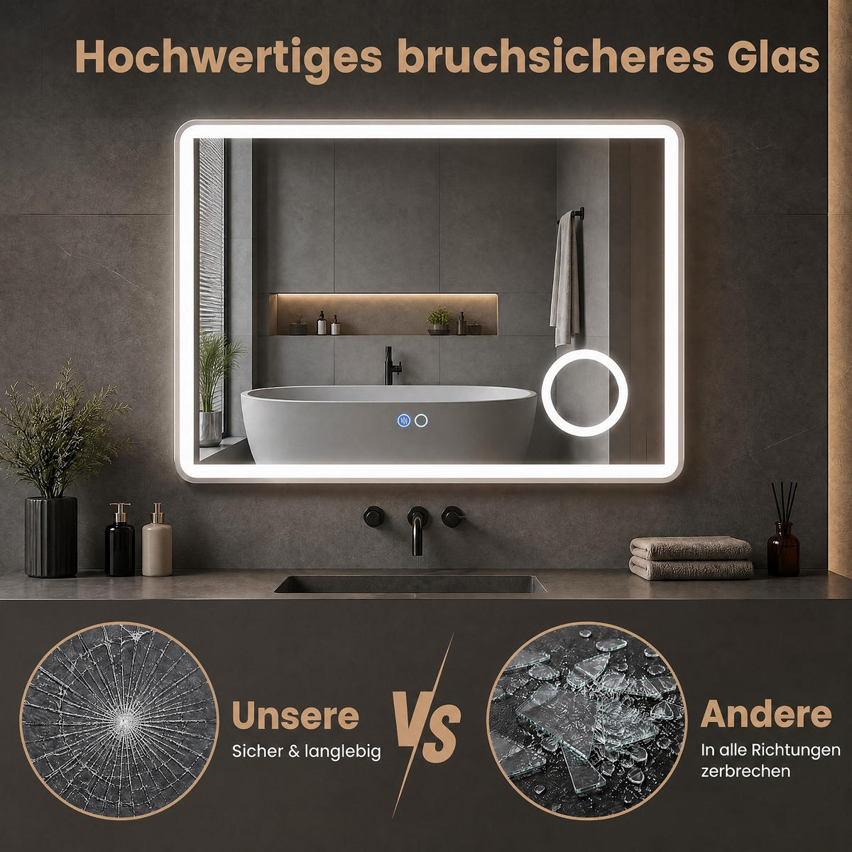 BADEZIMMERSPIEGEL mit Beleuchtung silber - Silberfarben, Glas (80/60/4cm) - COSTWAY