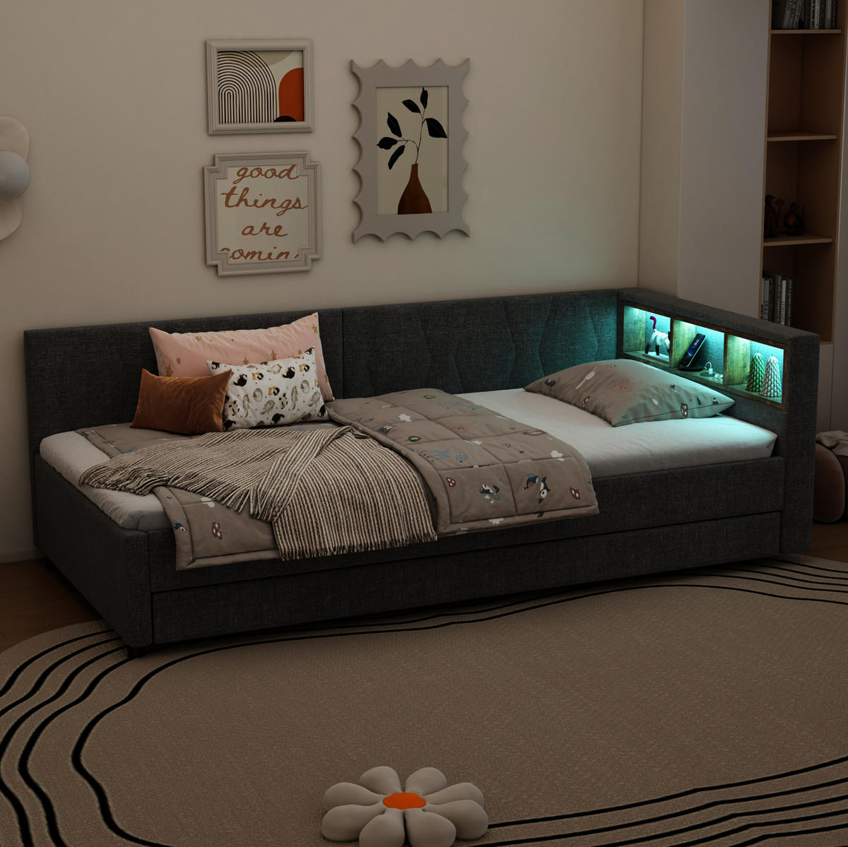 POLSTERBETT 90/200 cm Grau mit LED-Beleuchtung und USB- und Type-C-Anschlüssen - Grau, Textil (90/200cm) - Flora Grace
