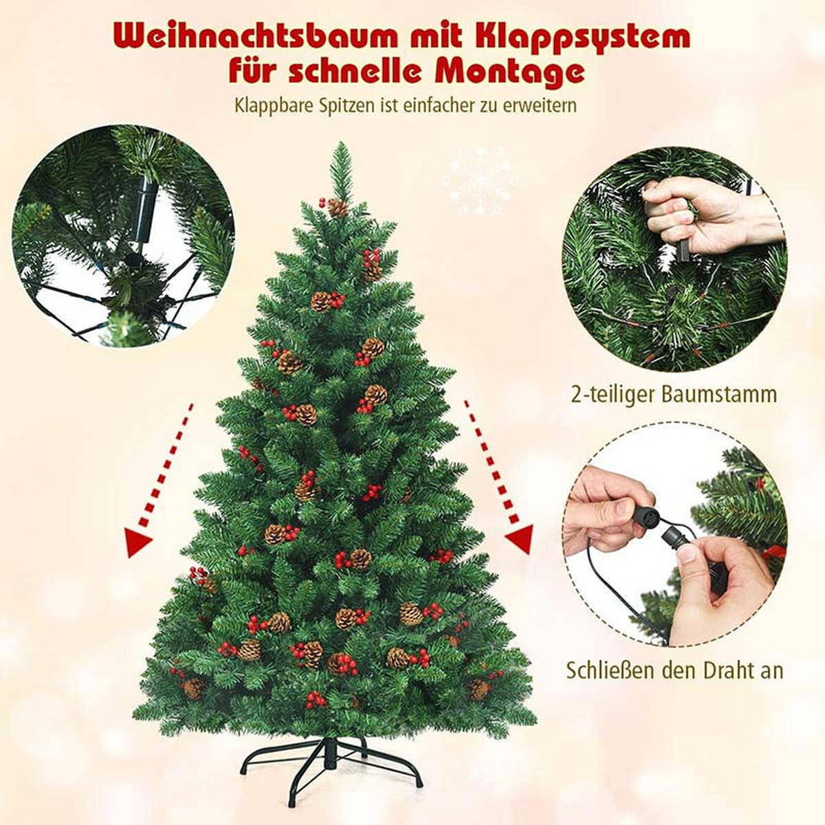 WEIHNACHTSBAUM mit warmweißen LEDs 135cm Grün - Grün, Metall (135cm) - COSTWAY
