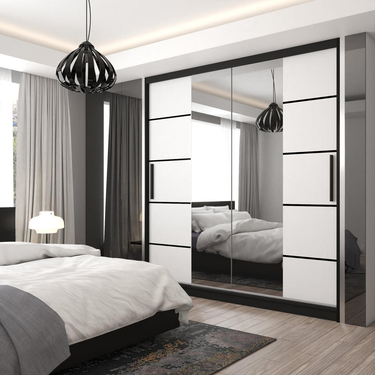 SCHWEBETÜRENSCHRANK Verona ME, Schwarz/Weiß Matt, 200 cm, mit Spiegel & Schubladen - Weiß, Holz (200/216/60cm) - B BELINI GROUP