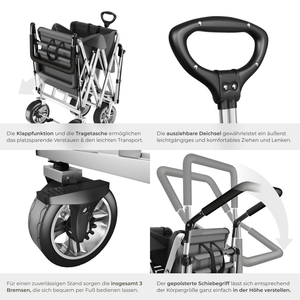 BOLLERWAGEN Nico, inklusive Tragetasche, Belastbarkeit 80 kg, grau - Grau, Metall (55.5/98/100cm) - tectake