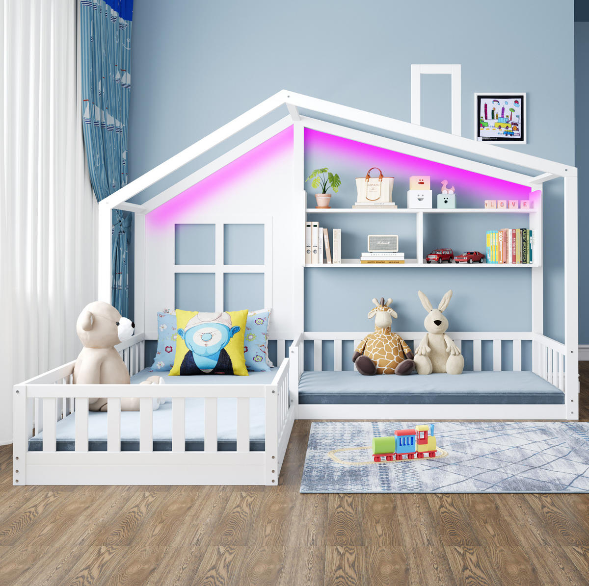 KINDERBETT 90/200 cm und 70/140 cm, Weiß mit LED-Beleuchtung und Regalen - Weiß, Holz (90/200cm) - MIVRAY