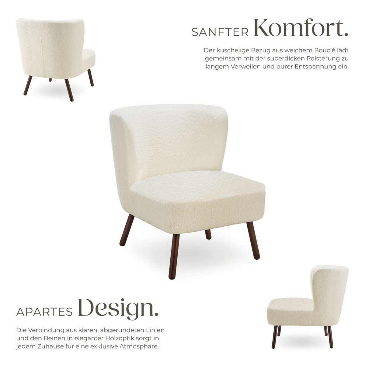 COCKTAILSESSEL Teddy Robina, 61 x 68 x 69 cm, Bouclé off-white - Weiß, Kunststoff (61/69/68cm) - tectake