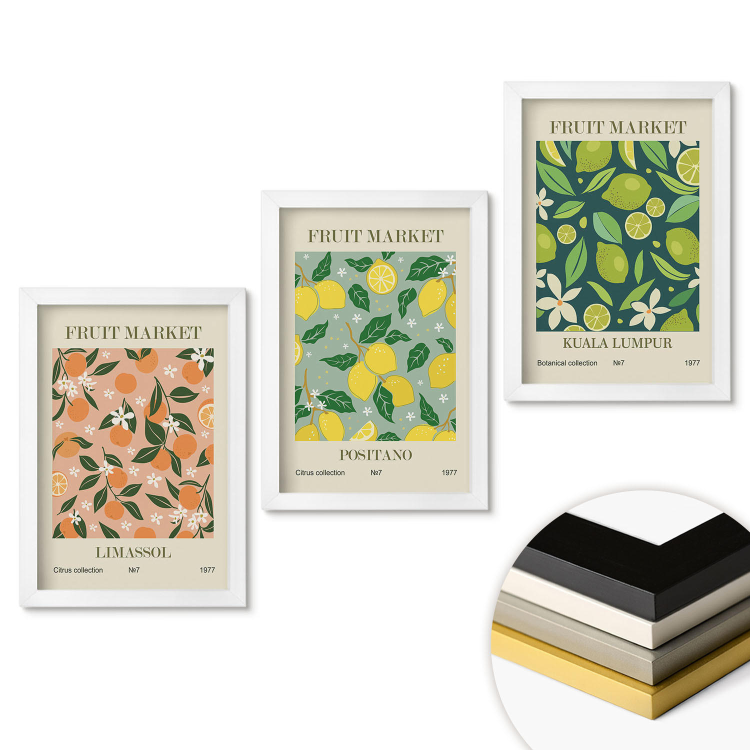 WANDBILDER 3er-Set - 20x30 cm Weißer Rahmen - Fruchtige Zitrusblütenmuster - Weiß, Kunststoff (20/30cm) - ArtPrintCave