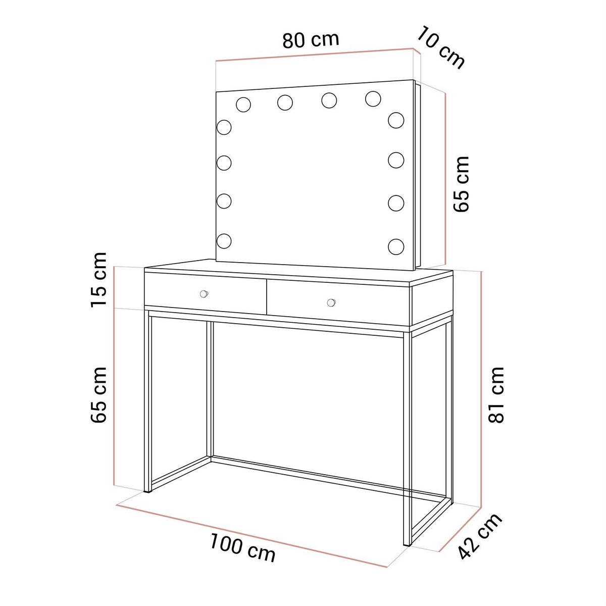 SCHMINKTISCH Blanco Kaschmir Elite mit Beleuchtung Kristallgriff - Kaschmir, Holzwerkstoff (100/81/42cm) - Lookway