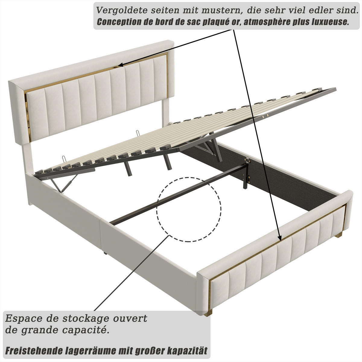 POLSTERBETT 140x190 cm Stauraum Lattenrost Samt Golddekor beige - Beige, Holz (140/190cm) - LEBENLANG