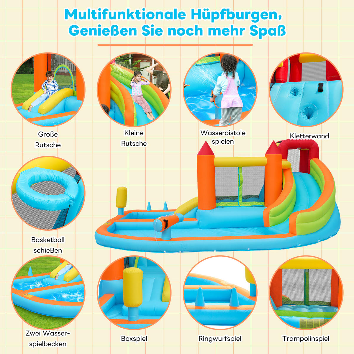 HÜPFBURG Wasserpark Rutsche Trampolin - Orange, Textil (343/460/190cm) - LEBENLANG