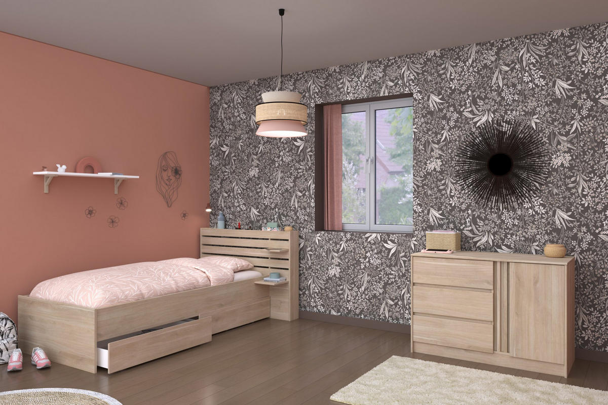 STAURAUMBETT Escale 11 in Japanischer Eiche 90x200cm mit Kommode von Parisot - Braun, Holzwerkstoff (90/200cm)