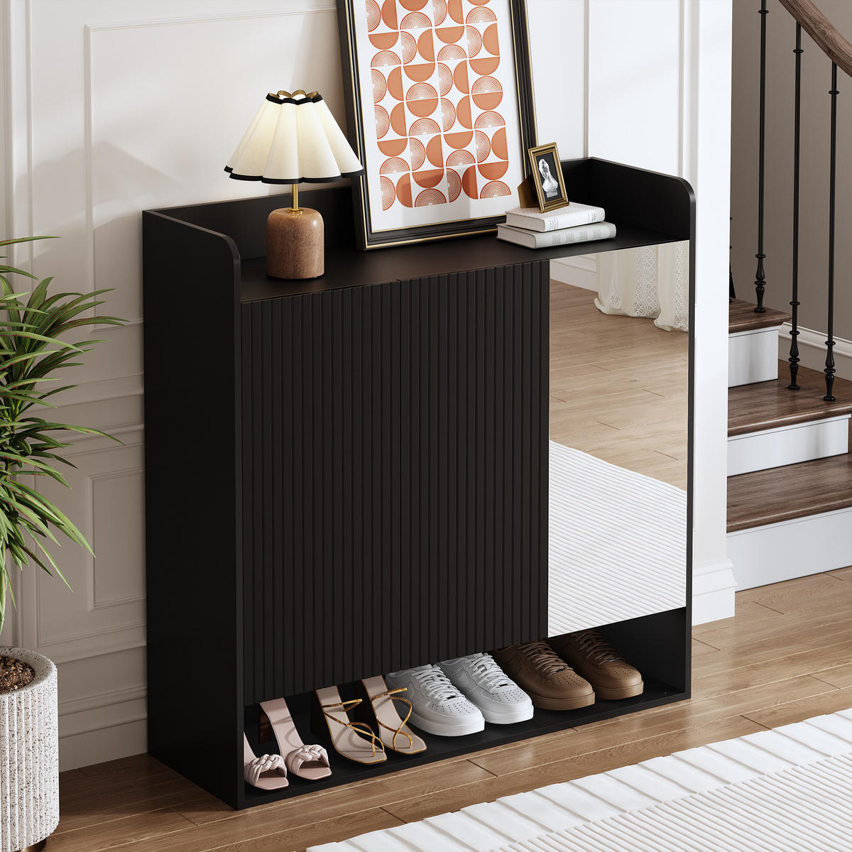 SCHUHSCHRANK Spiegel Streifen Struktur Stauraum - Schwarz, Holz (110/110/35.5cm) - LEBENLANG