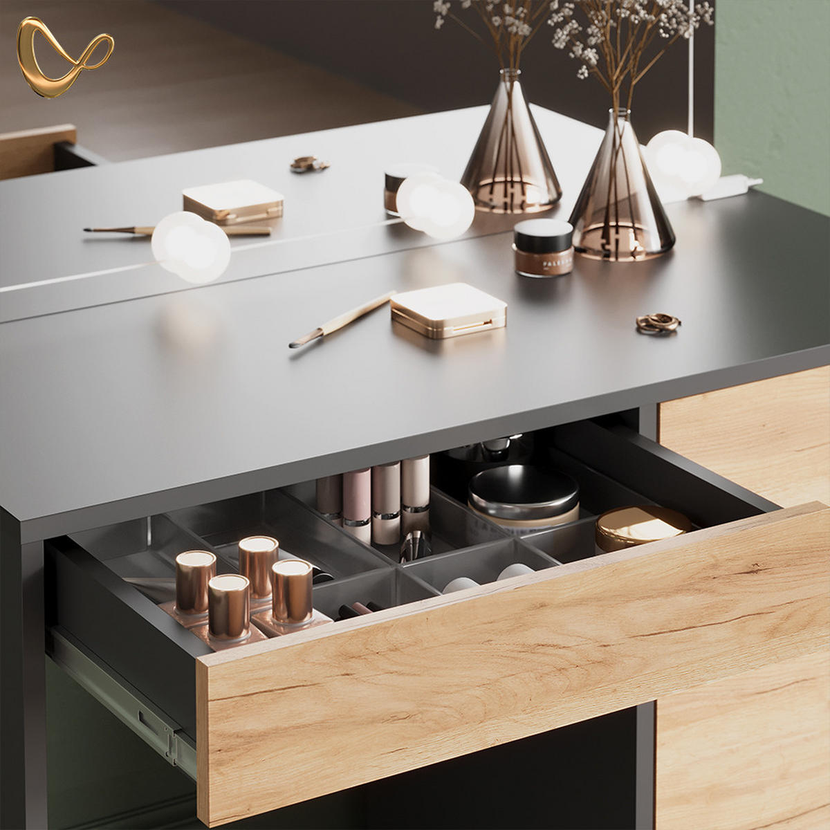 SCHMINKTISCH Imola Anthrazit/Goldkraft Eiche 120 cm mit Hocker - Anthrazit/Eiche Wotan, Holzwerkstoff (120/75/55cm) - Livinity®
