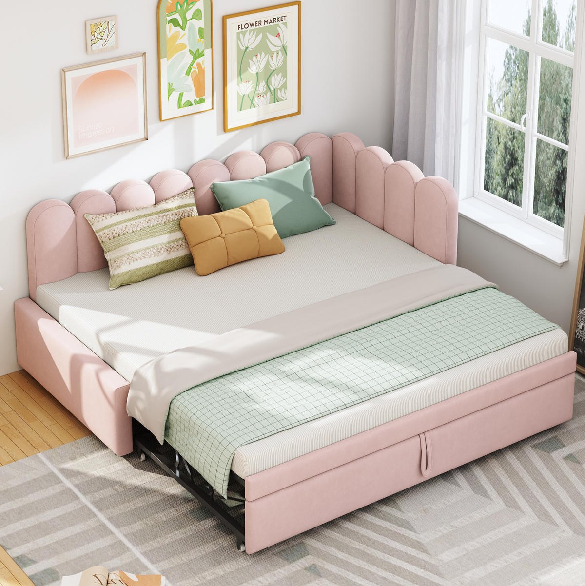 POLSTERBETT 90/200 cm L-Form Rosa Samt mit ausziehbarem Kopfteil - Rosa, Textil (90/200cm) - OKWISH