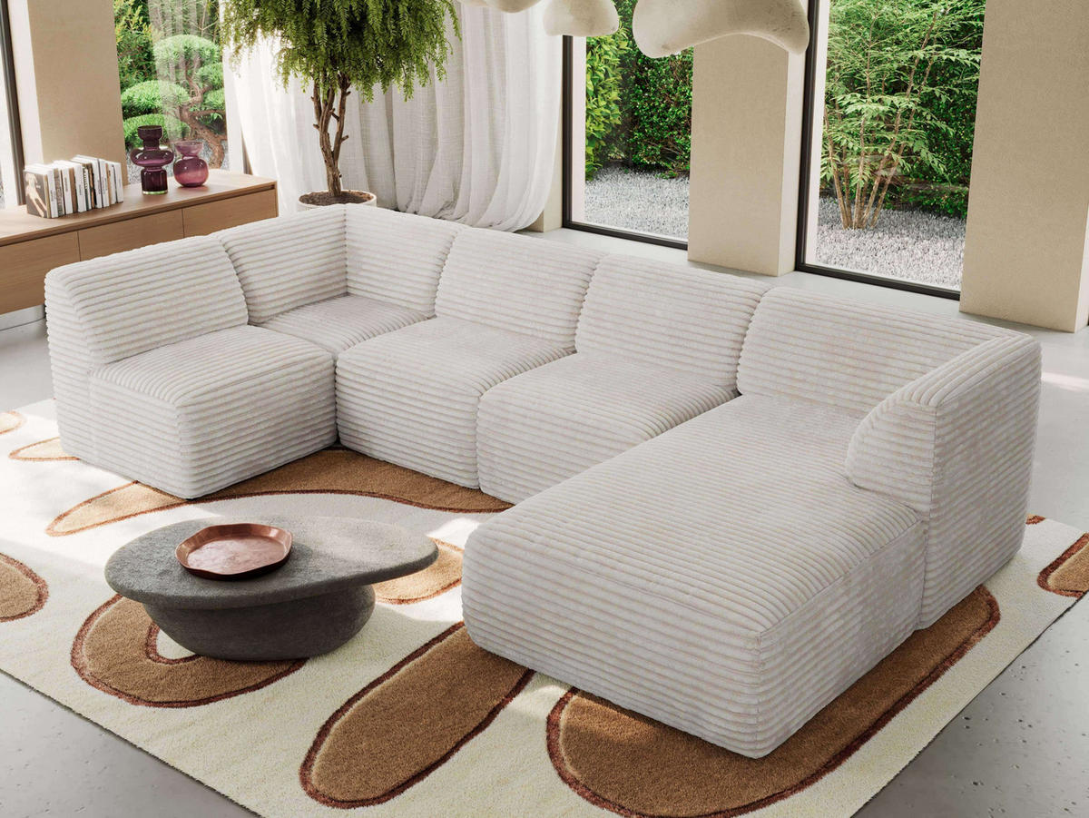 WOHNLANDSCHAFT MODARO U 6M - Beige Cord - Rechts - Beige/Schwarz, Textil (345/78/180cm) - MKS