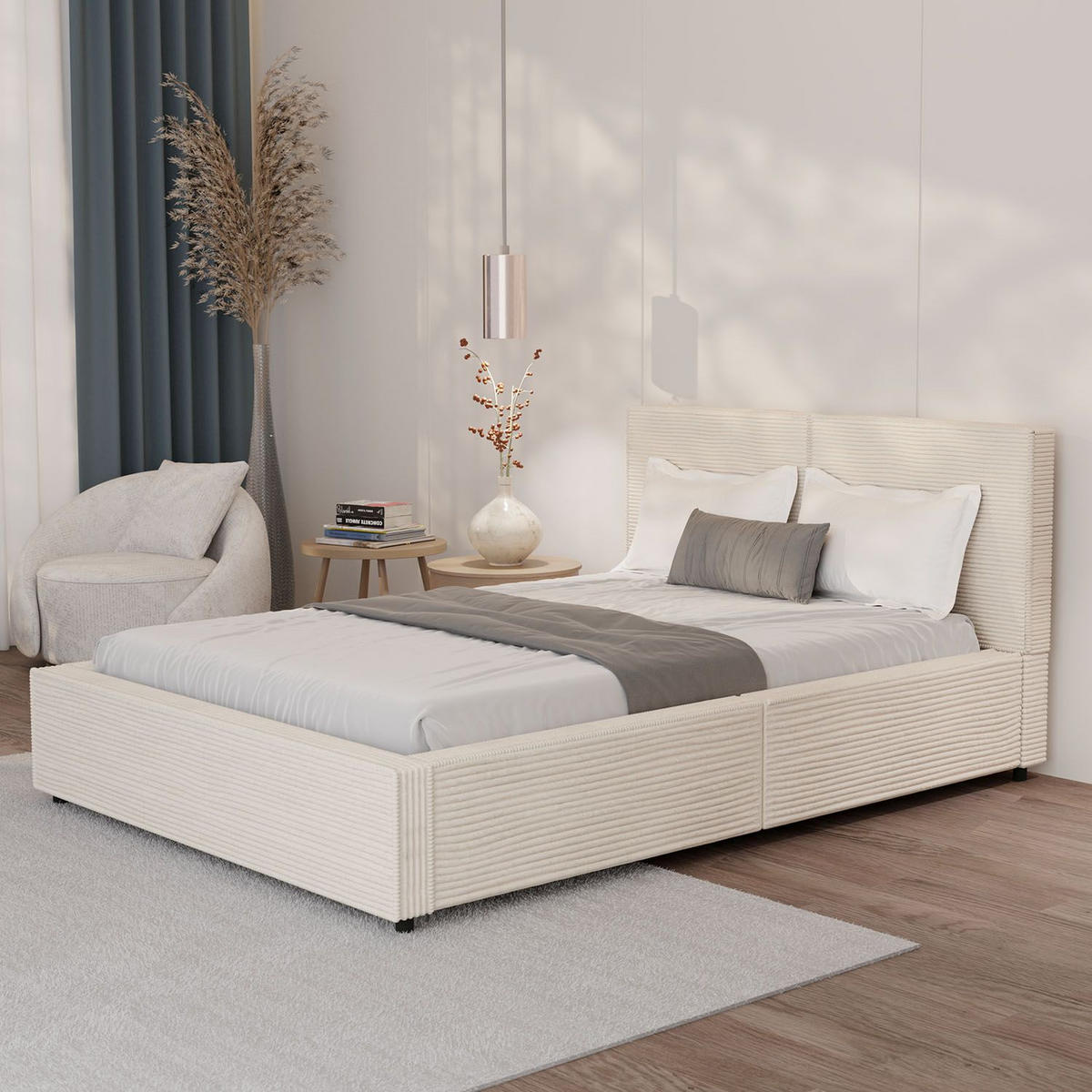 POLSTERBETT Salerno Cord beige 140x200 cm - Beige, Textil (140/200cm) - Juskys