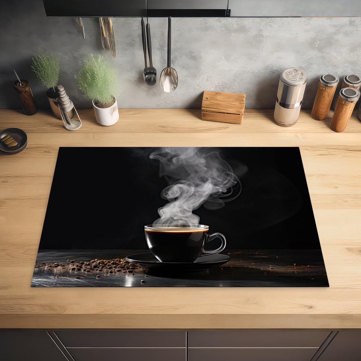 HERDABDECKPLATTE Kaffee - Schwarz - Bohnen - Heiß - Tasse Ceranfeldabdeckung 78x52 cm - Schwarz, Kunststoff (78/52/0.2cm) - MuchoWow