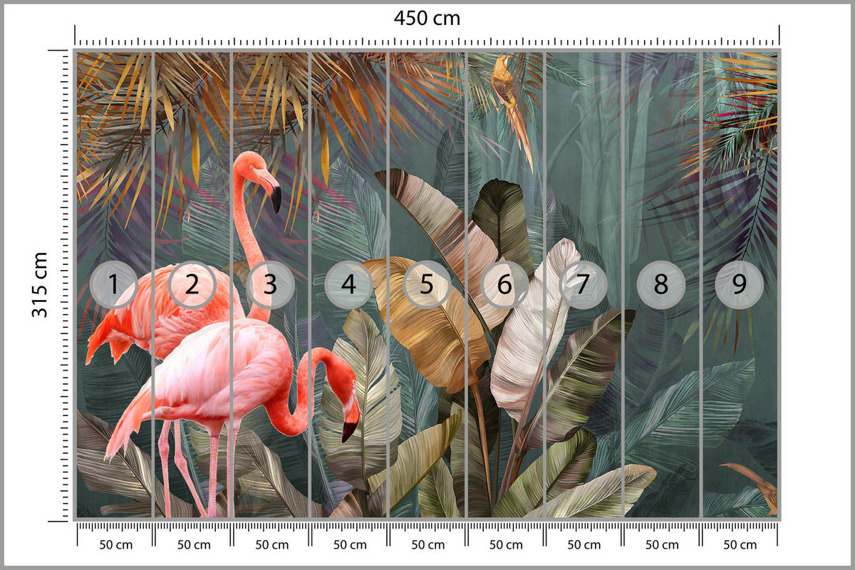 FOTOTAPETE für Wohnzimmer Flamingos Dschungel Blätter Tropisch 450x315 - Multicolor, Papier (450/315cm) - Muralo