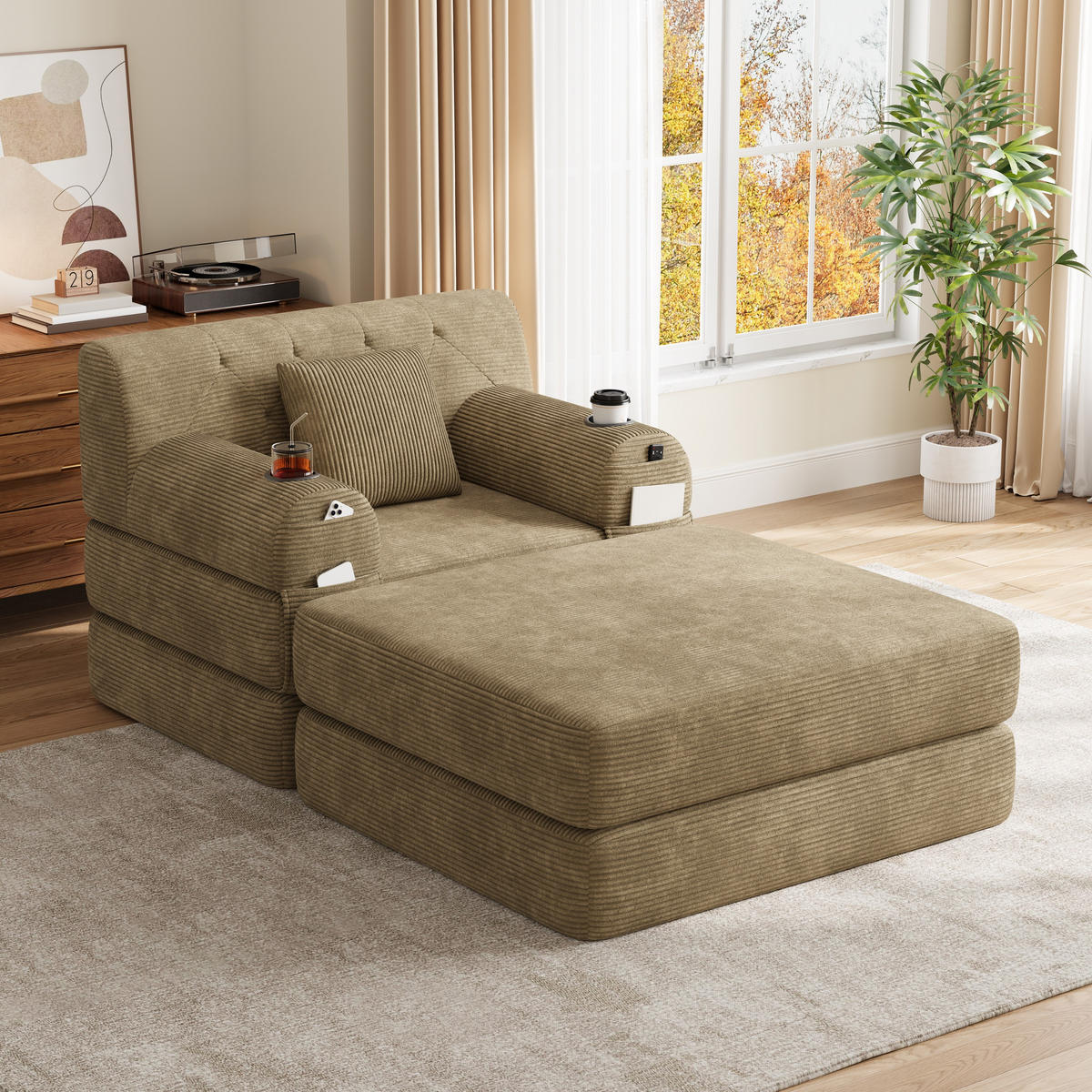 SCHLAFSOFA mit Hocker und Liegefunktion aus Cord Khaki - Taupe, Textil (191/60/162cm) - EVRYAE