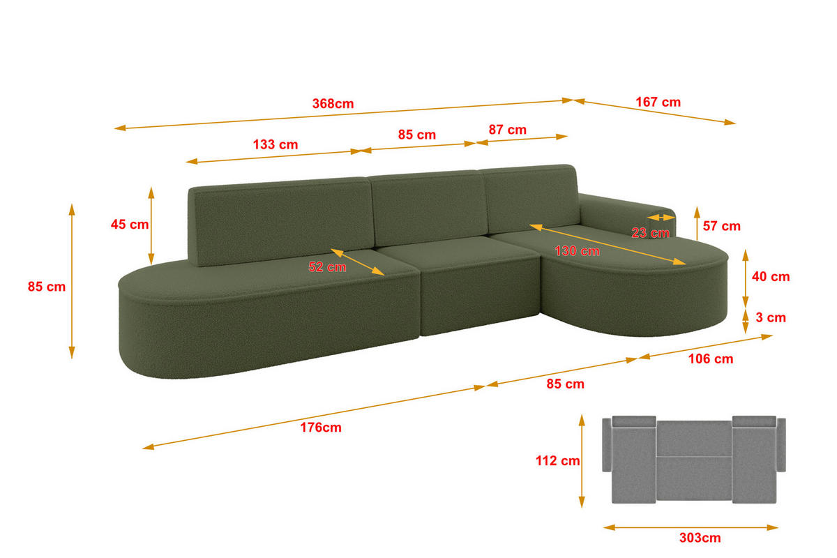 ECKSOFA mit Schlaffunktion Ottomane RECHTS MARI L2-S 368X167X85 Grün Bouclé - Schwarz/Grün, Holzwerkstoff/Kunststoff (167/368cm) - ALTDECOR