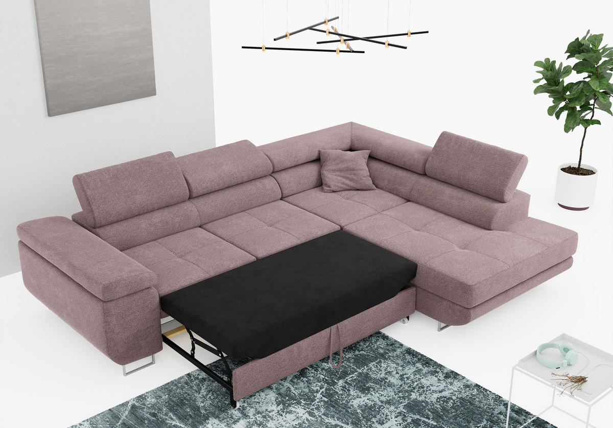 ROHOVÁ SEDAČKA GUSTAW L - Světle růžová Strukturovaná látka - Levá Strana - stříbrná/světle růžová, kov/textil (275/205cm) - MKS