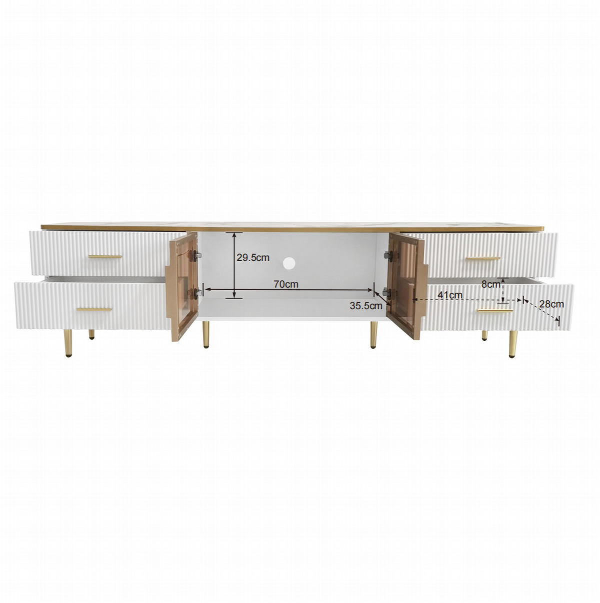 TV-SCHRANK 170/37/47,5 cm weiß mit 4 Schubladen und zwei Türen aus gehärtetem Glas - Weiß, Holzwerkstoff (170/47.5/37cm) - OKWISH