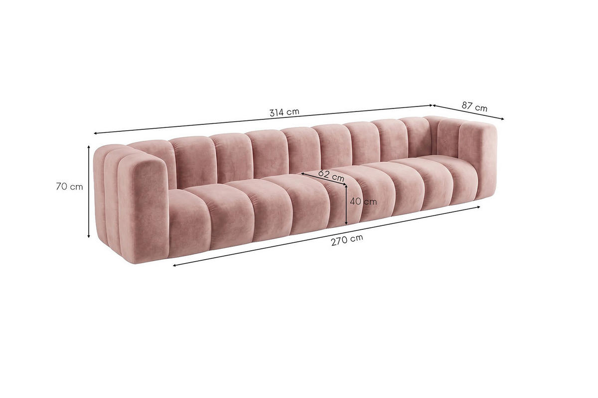 POHOVKA 5místná Modulární, Sametová Látka Riviera, Světle Růžová, GRAND - světle růžová, dřevo (314/70/89cm) - Kaiser Möbel