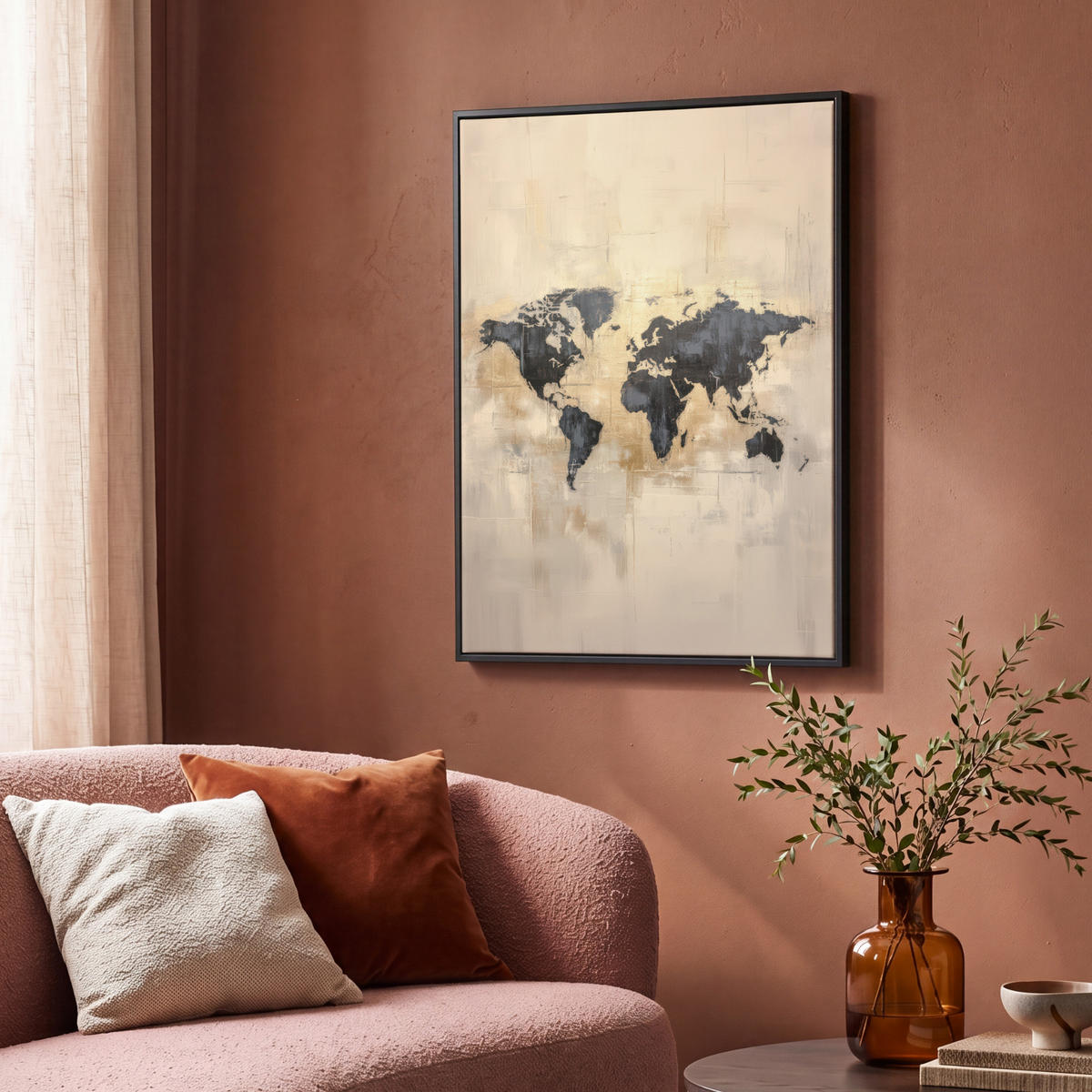 LEINWAND Bilder mit Rahmen - Weltkarte - Gold - Schwarz - Abstrakt - 70x100 - Kupferfarben, Textil (70/100cm) - MuchoWow