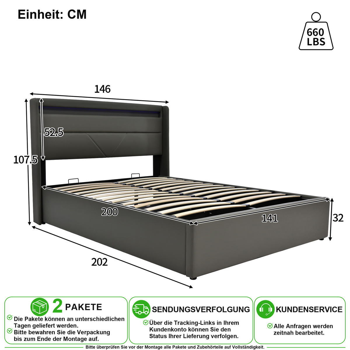POLSTERBETT 140/200 cm in Grau mit Bettkasten und LED PU - Grau, Holzwerkstoff/Textil (140/200cm) - CHICFURN