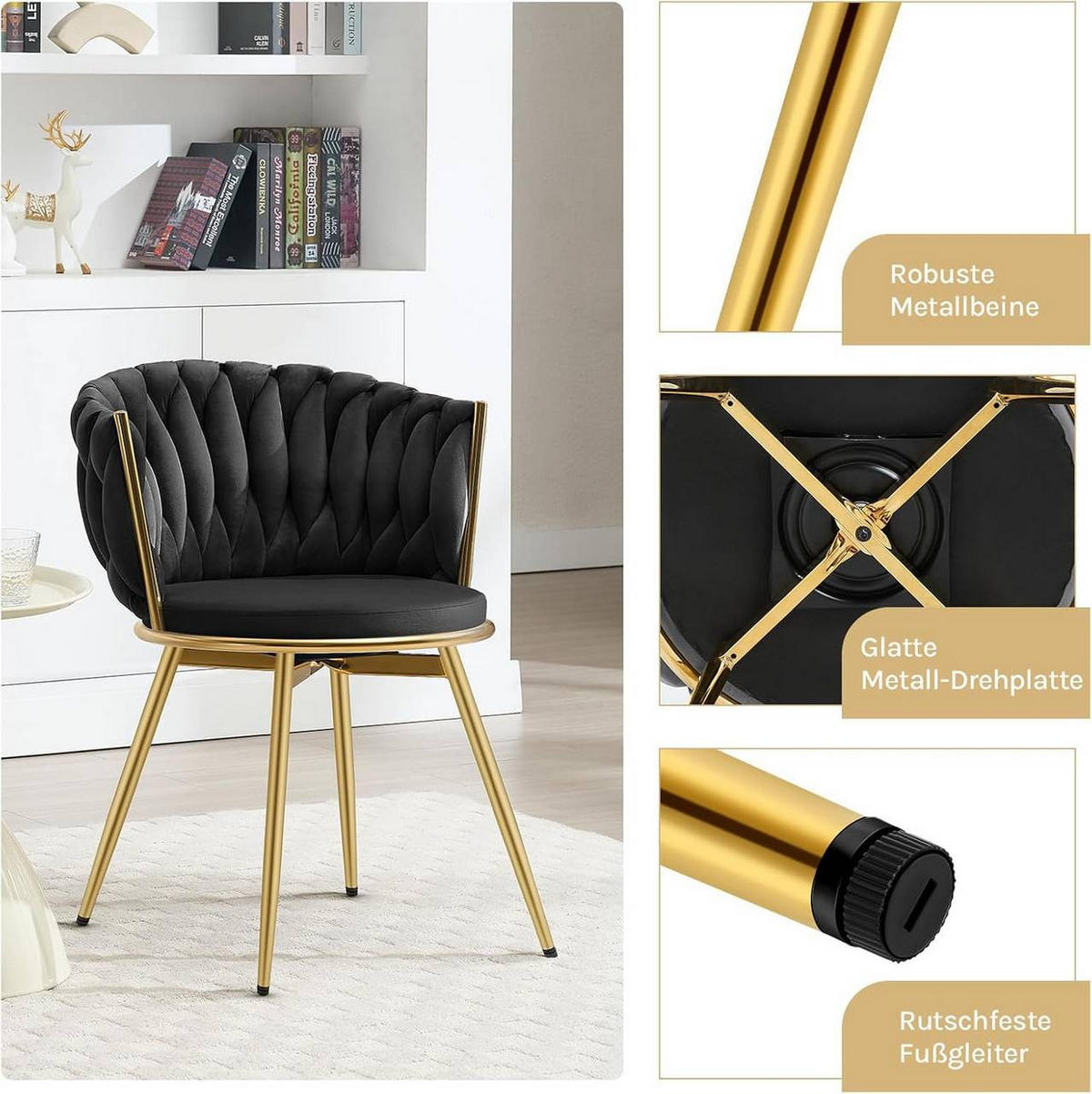 ESSZIMMERSTUHL 2er Set, drehbar, Samt, Schwarz - Goldfarben/Schwarz, Textil/Metall (60.5/78/59.5cm) - Woltu