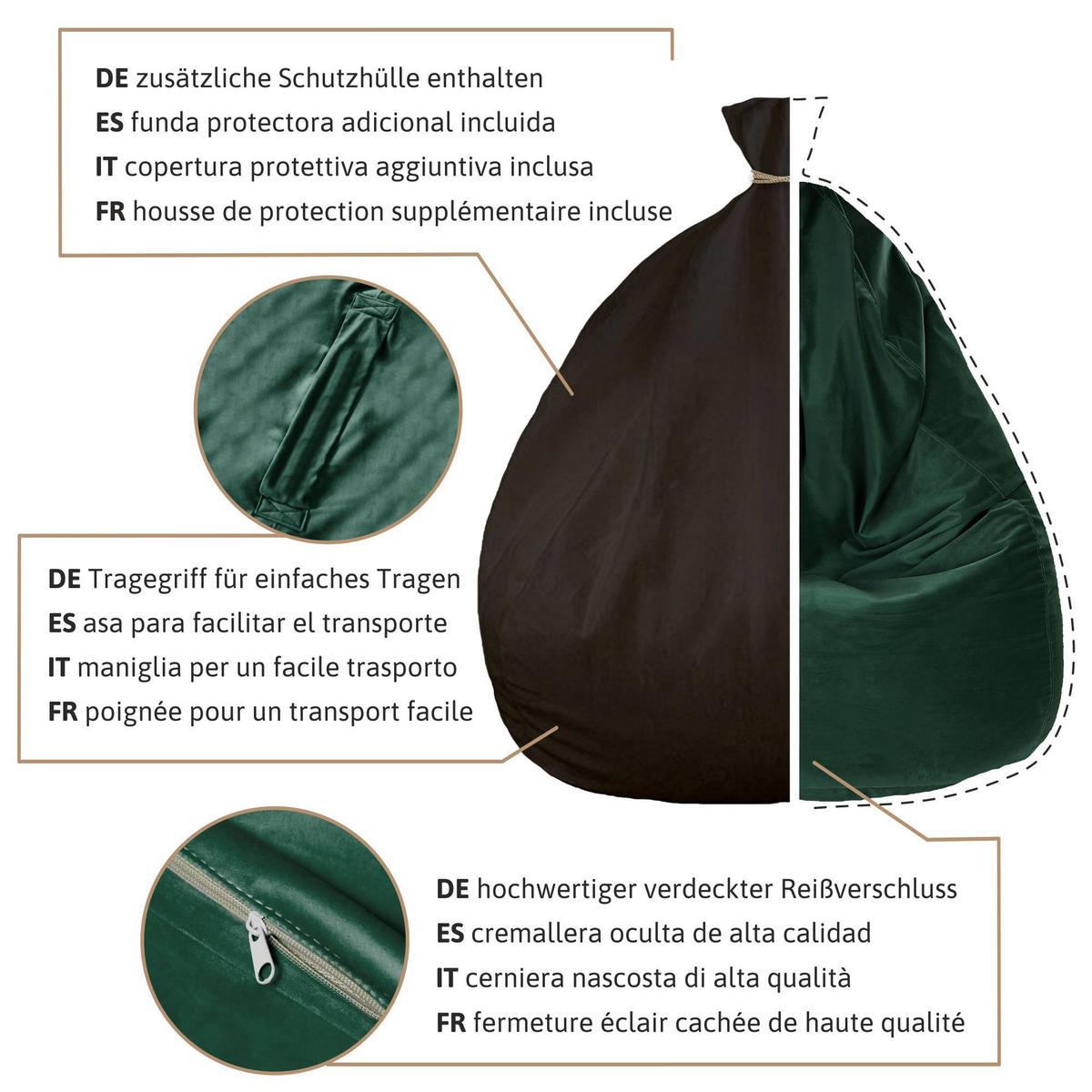 SITZSACK MIT FUßSTÜTZE Samtstoff 2-tlg Dark Shadow S - Dunkelgrau, Textil (70/105/70cm) - Dreamroots