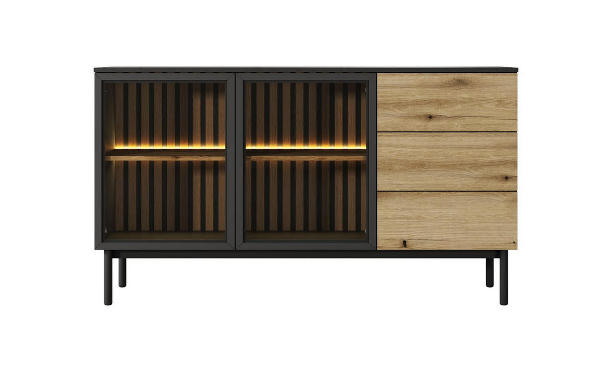 KOMMODE Lango 150 Schwarz mit Eiche Evoke, Kombikommoden mit Led-Beleuchtung - Schwarz, Holzwerkstoff (150/85/39cm) - Bettso