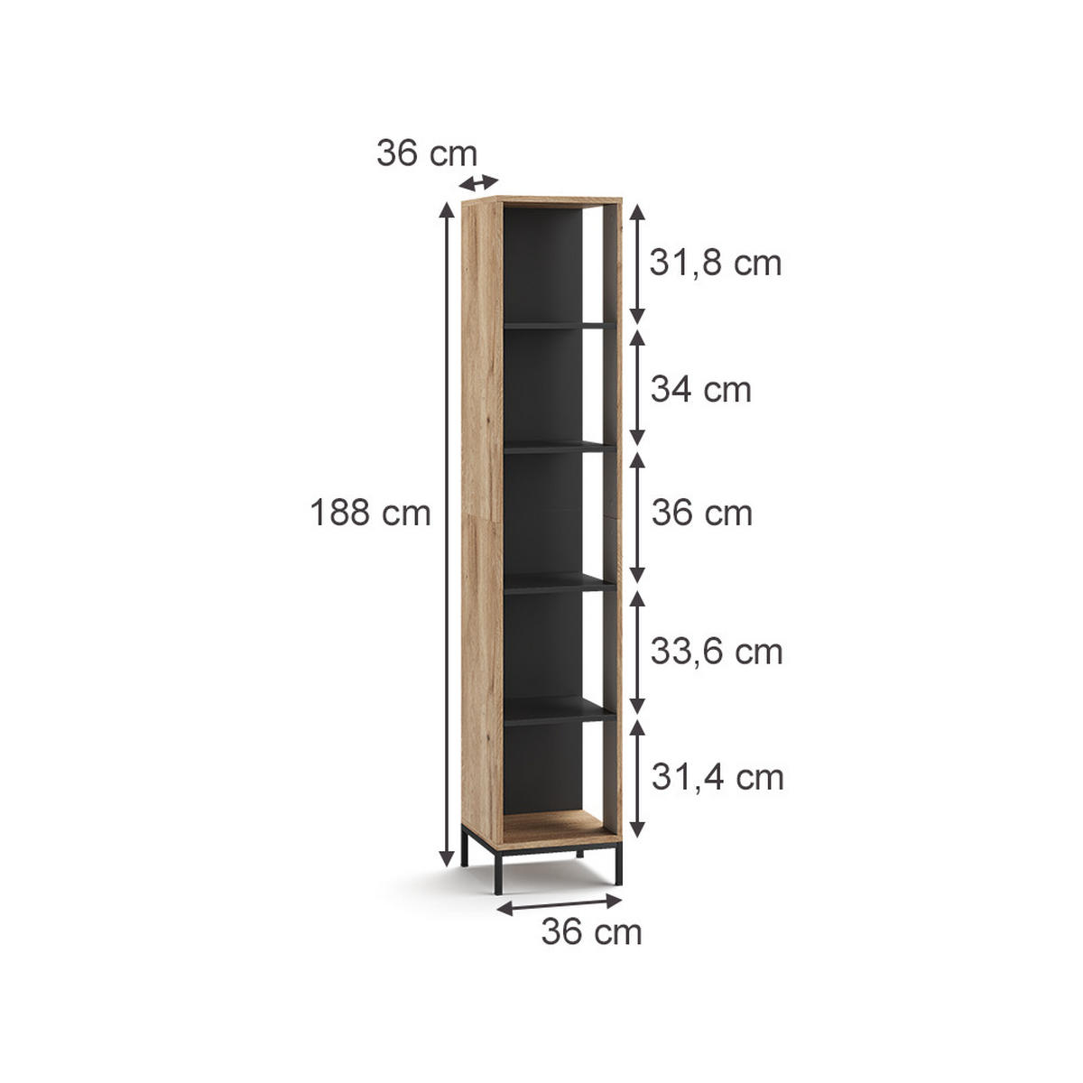 BÜCHERREGAL Eliza Viking Oak 36 x 188 cm mit 5 Fächern - Eichefarben, Holzwerkstoff (36/188/36cm) - Vicco
